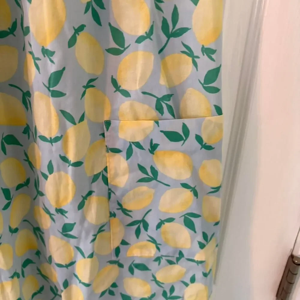 Lemon Print Mini Dress Cottagecore Summer Pocket Dress Blue Yellow Size L - Picture 4 of 8